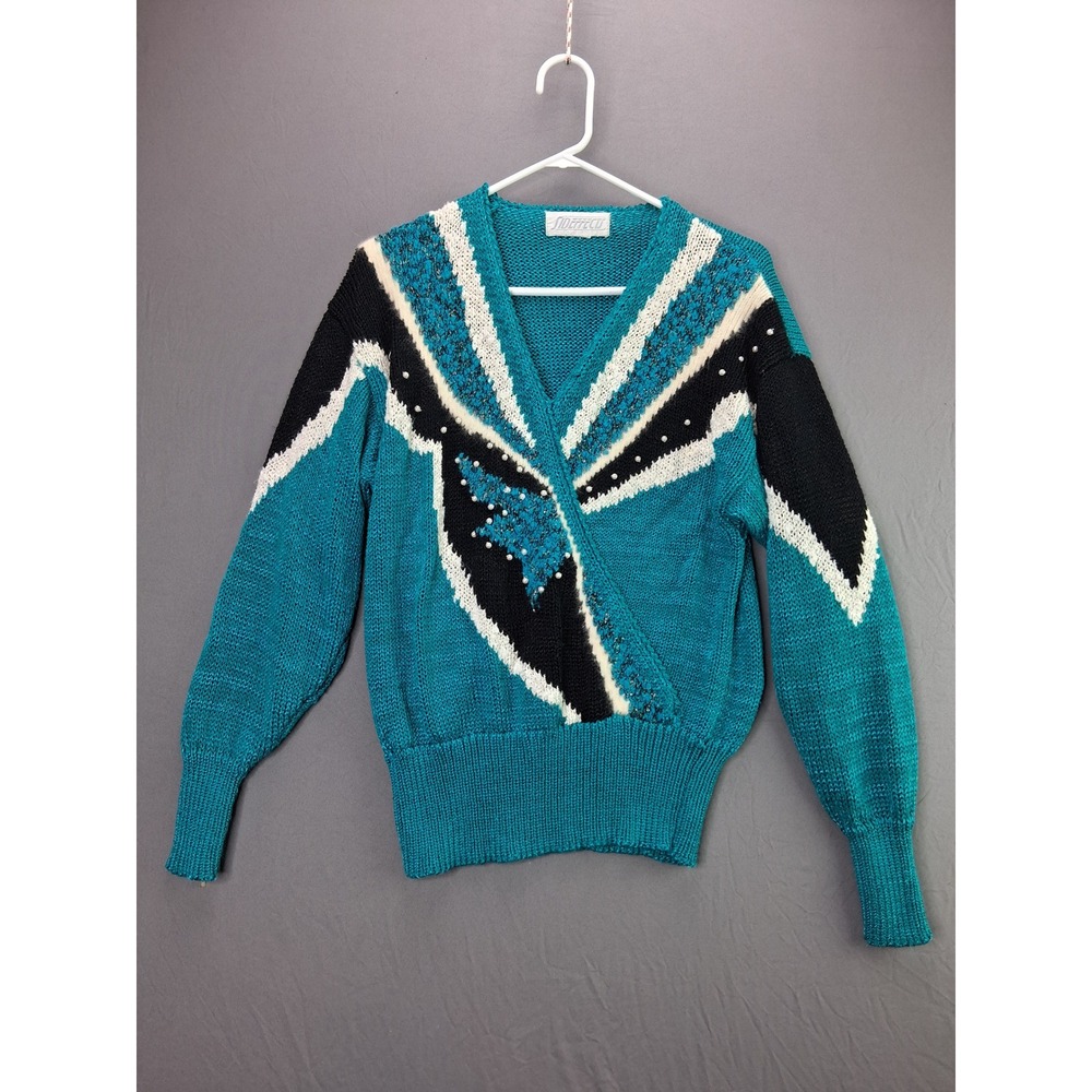Sideffects Vintage 80s V-Neck Sweater Teal Geometric Pearl Beaded Knit Womens M